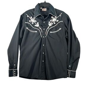 VTG Rocking K Ranchwear by Kennington Black Shirt Size L Pearl Snap Western 70s
